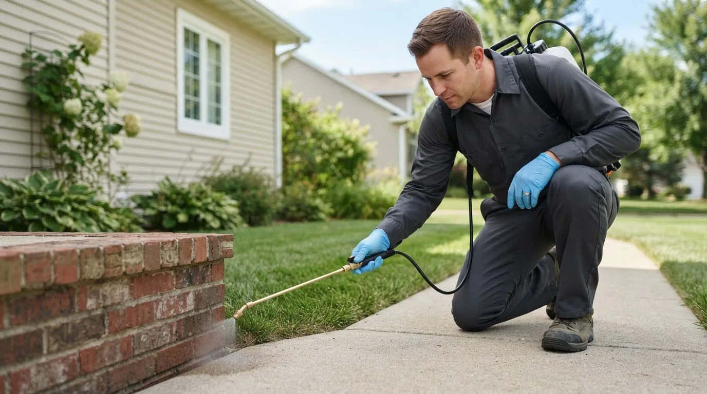 Pest control technician treating a home near Monroe, GA
